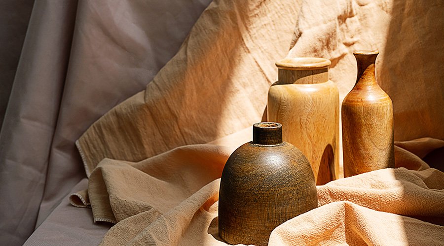 aesthetic wooden vases on textile background vinta XR889QQ